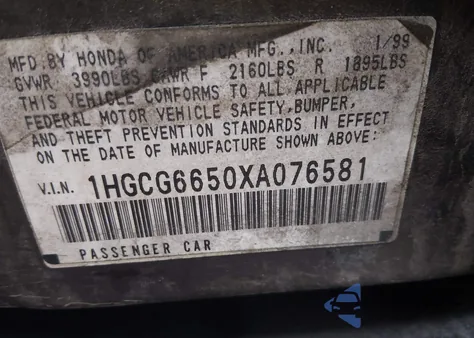 1999 Honda Accord Lx from USA, damaged, VIN 1HGCG6650XA076581
